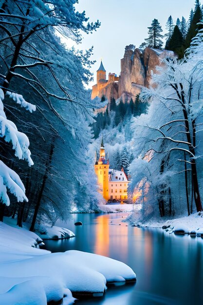 Foto tranquilo paisaje invernal con hielo congelado y un hermoso castillo concepto de país de las maravillas invernales