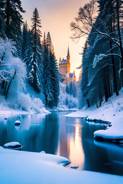 Foto tranquilo paisaje invernal con hielo congelado y un hermoso castillo concepto de país de las maravillas invernales