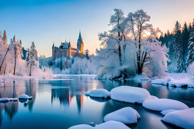 Foto tranquilo paisaje invernal con hielo congelado y un hermoso castillo concepto de país de las maravillas invernales