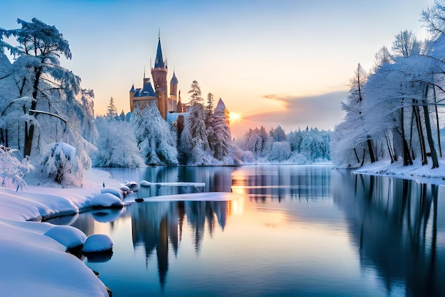 tranquilo paisaje invernal con hielo congelado y un hermoso castillo concepto de país de las maravillas invernales