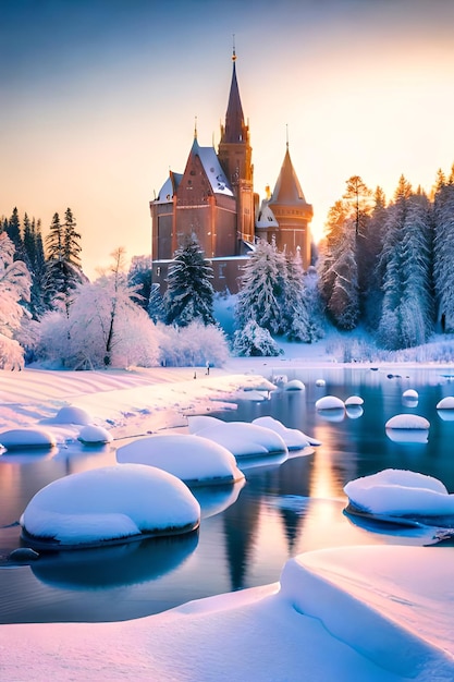 tranquilo paisaje invernal con hielo congelado y un hermoso castillo concepto de país de las maravillas invernales