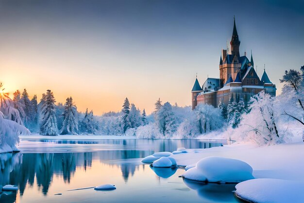 tranquilo paisaje invernal con hielo congelado y un hermoso castillo concepto de país de las maravillas invernales