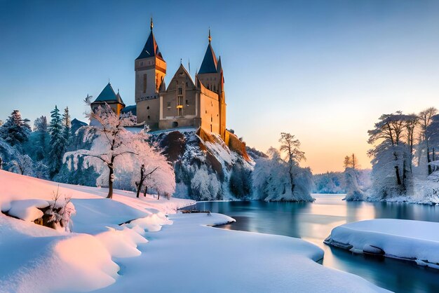 tranquilo paisaje invernal con hielo congelado y un hermoso castillo concepto de país de las maravillas invernales