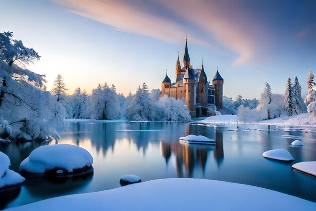 tranquilo paisaje invernal con hielo congelado y un hermoso castillo concepto de país de las maravillas invernales