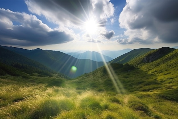 Tranquilo paisaje montañoso con el sol brillando a través de las nubes creado con ai generativo