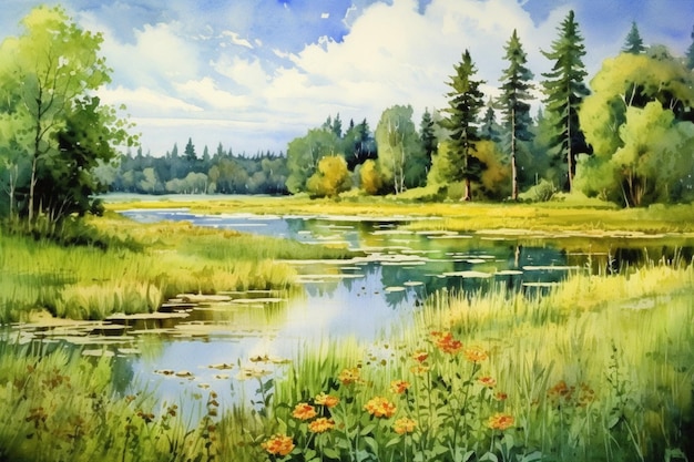 Tranquilo paisaje de verano una pintura de acuarela.