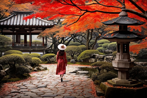 Un tranquilo paseo de otoño por el jardín tradicional del templo de Kioto