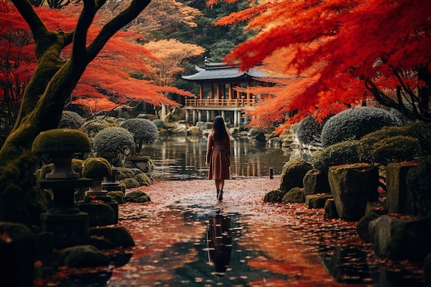 Un tranquilo paseo de otoño por el jardín tradicional del templo de Kioto