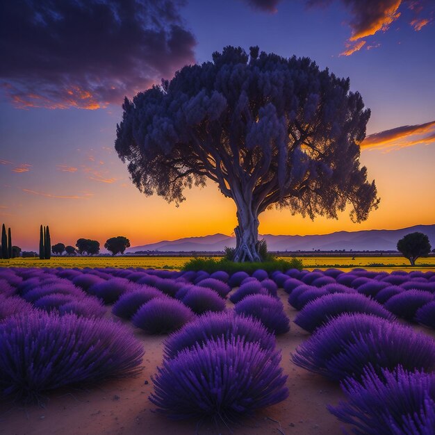 Tranquilo prado de lavanda escénico al anochecer floreciendo con flores orgánicas