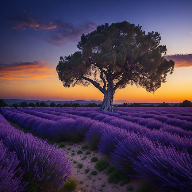 Tranquilo prado de lavanda escénico al anochecer floreciendo con flores orgánicas