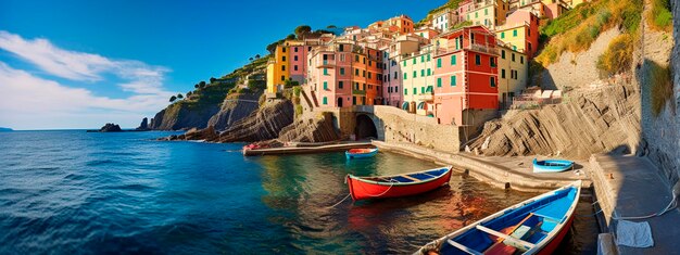 El tranquilo pueblo de pescadores de Riomaggiore, a orillas de un acantilado, con coloridos edificios, la costa de las Cinque Terre, el río italiano, el mar Mediterráneo, Europa, la IA generativa, el verano.