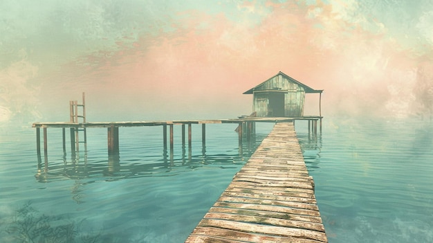 Foto un tranquilo refugio junto al lago con un rústico muelle de madera en un telón de fondo de coral pálido y tonos verdes de espuma marina