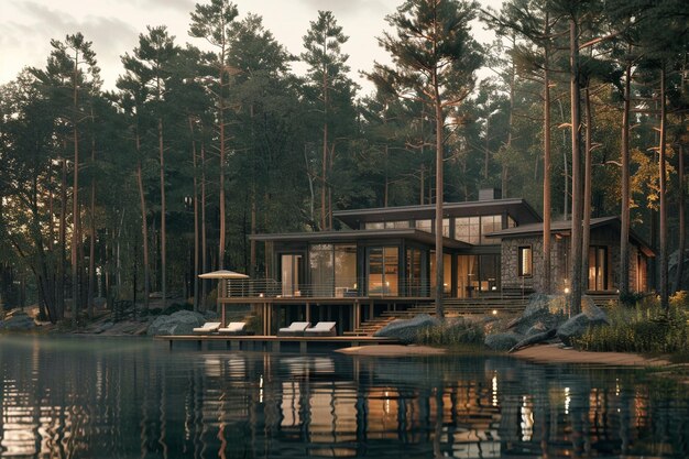Foto un tranquilo refugio a orillas del lago rodeado de un pino altísimo.