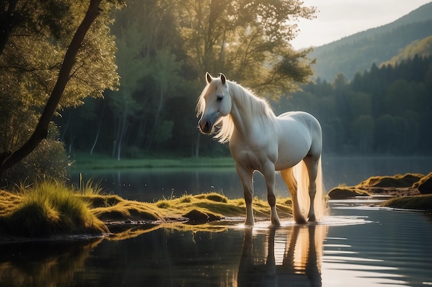 El tranquilo reino de un caballo blanco junto al lago mágico parecido a un espejo