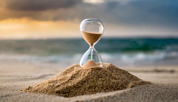 Foto tranquilo reloj de arena en la playa de arena sereno paso del tiempo simbolismo pacífico