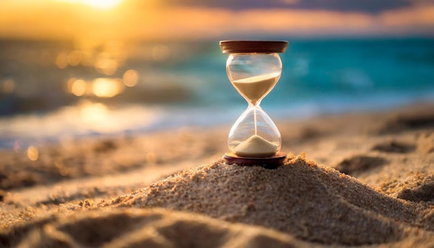 Foto tranquilo reloj de arena en la playa de arena sereno paso del tiempo simbolismo pacífico