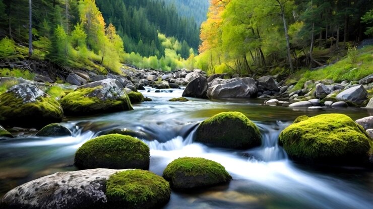Un tranquilo río de montaña que serpentea a través de un desfiladero rocoso con rocas cubiertas de musgo