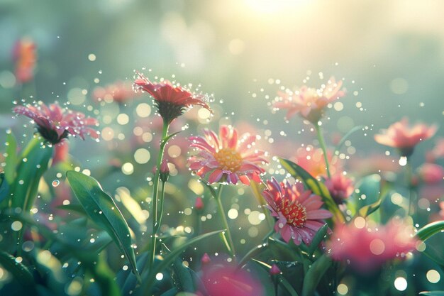 El tranquilo rocío de la mañana en las flores en flor