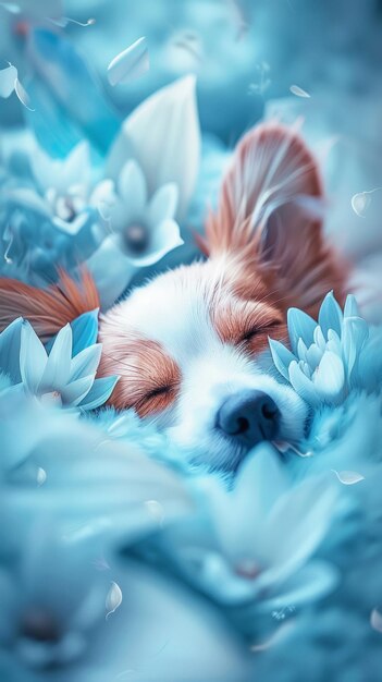 Foto tranquilo sueño canino en medio de flores azules etéreas capturando sueños serenos y descanso pacífico