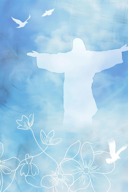 Foto en el tranquilo telón de fondo de una tarjeta de pascua azul y blanca un dibujo retrata a jesús