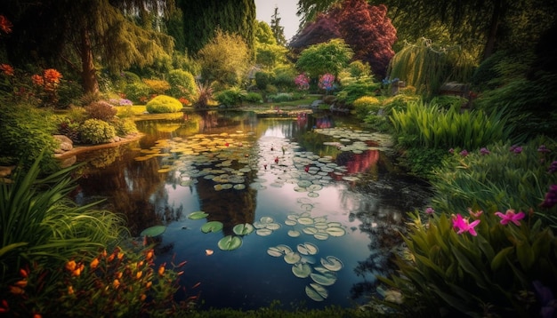 Los tranquilos reflejos en el agua resaltan la belleza de la naturaleza generada por IA