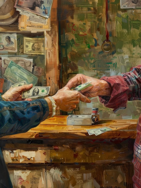 Foto una transacción en una casa de empeño con alguien entregando un artículo y recibiendo dinero en efectivo