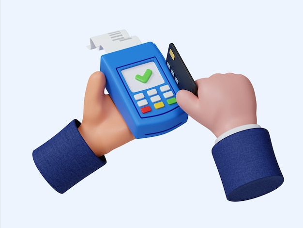 Transaction processing with credit card and payment terminal 3D render illustration