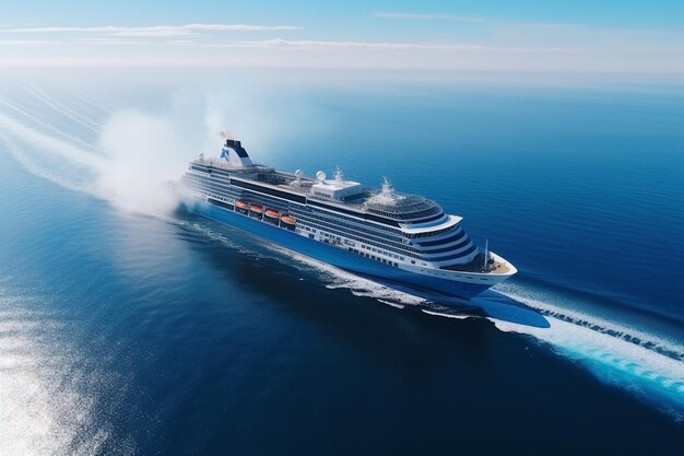 El transatlántico navega en el mar azul dejando una columna en la superficie del agua.