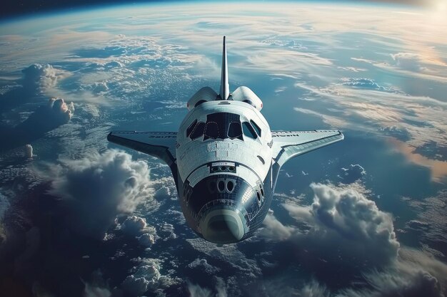Transbordador espacial cerca de la Tierra con nubes y fondo del cielo