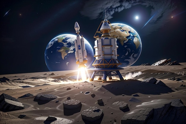 El transbordador espacial despega hacia la luna.