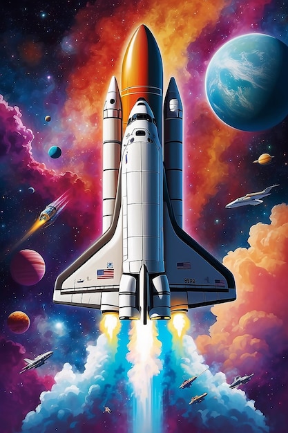 Un transbordador espacial está volando en una colorida nave espacial