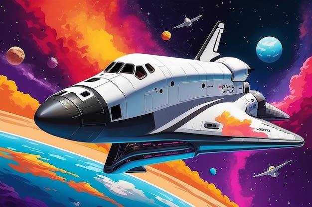 Un transbordador espacial está volando en una colorida nave espacial