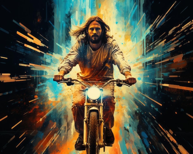 Transcendência em Pixels Jesus Cristo em uma bicicleta através da arte construtivista Glitch