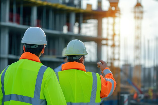 En el transcurso de los trabajos de construcción, los ingenieros civiles usan cascos de seguridad protectores