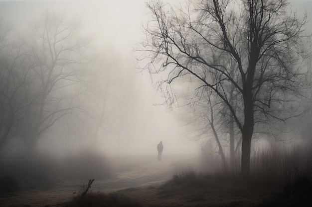 Foto transeunte solitário no nevoeiro gerado por ia