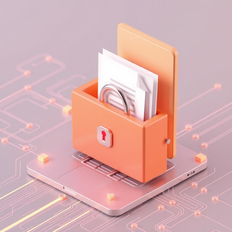 Foto transferencia de archivos 3d, migración de documentos encriptados y concepto de acceso remoto