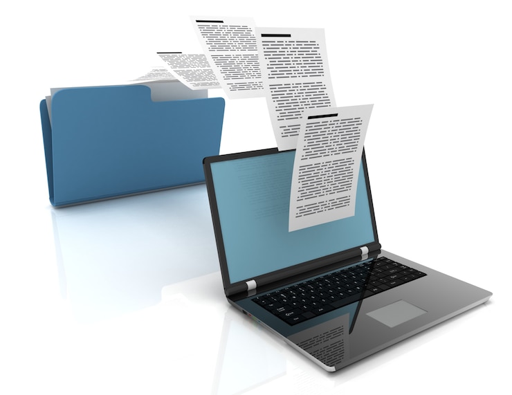 Foto transferencia de archivos entre portátiles y carpetas. ilustración 3d.