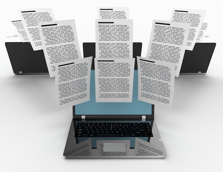 Foto transferencia de archivos entre portátiles. ilustración 3d.