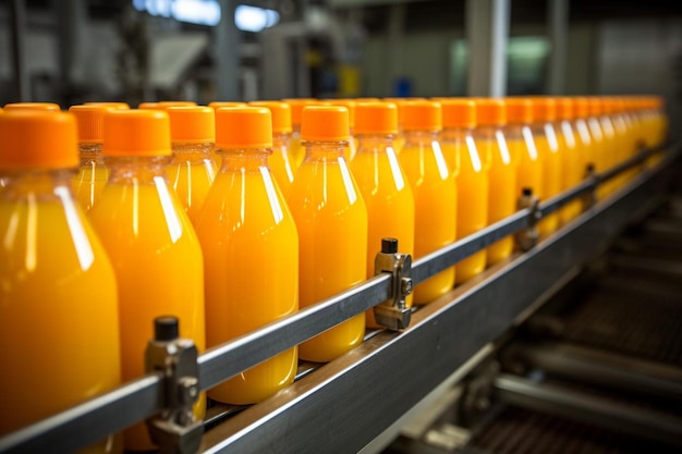 Foto transferencia de botellas de jugo de naranja en un sistema de cinta transportadora