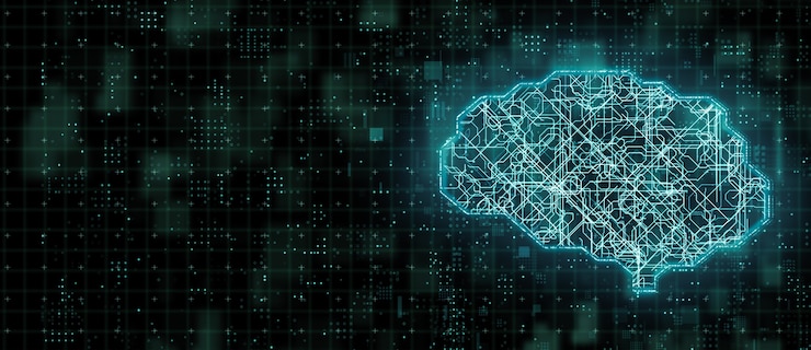 Foto transferência de dados digitais dentro do circuito cerebral de microprocessador de aprendizagem profunda, inteligência artificial no conceito de tecnologia de computador moderno, processamento de rede de chip de big data de ilustração 3d