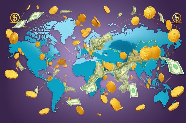 Foto transferência de dinheiro, moeda global, bolsa de valores, ilustração vetorial