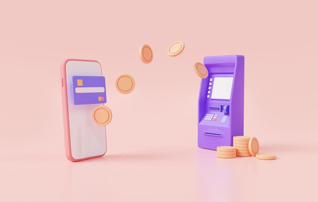 Transferência de dinheiro por celular para banco pagamento transações financeiras on-line e cartão de crédito de cashback financeiro digital dinheiro on-line mobile banking conceito de finanças de negócios 3d render ilustração