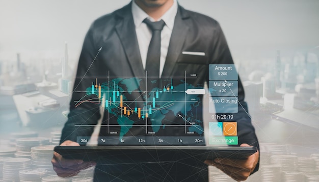 Transferencia de dinero de cambio de divisas Tecnología financiera FinTech Informe sobre la economía mundial Hombre que usa un teléfono móvil con un gráfico de compraventa de divisas informe bursátil