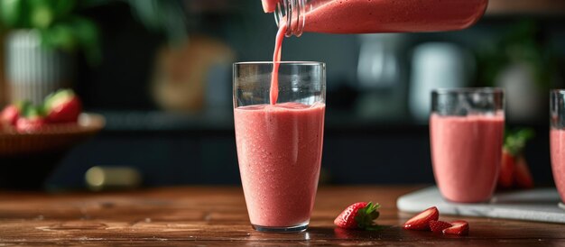 Foto transferir un batido de fresa de plátano recién hecho de una botella a vasos