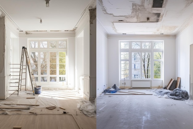 Foto transformação de remodelação em casa de um espaço sem mobília antes e depois da renovação ou restauração