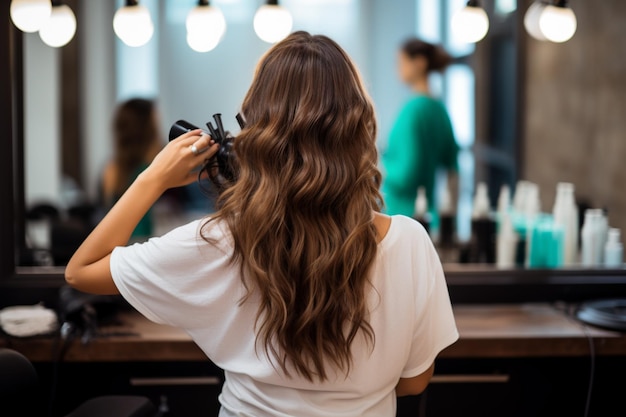 Foto transformação elegante vista traseira como cabeleireiro artesanais penteado para mulher morena no salão