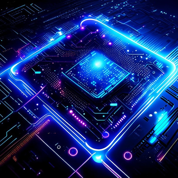 Transformación digital de datos de fondo de microchip futurista de neón