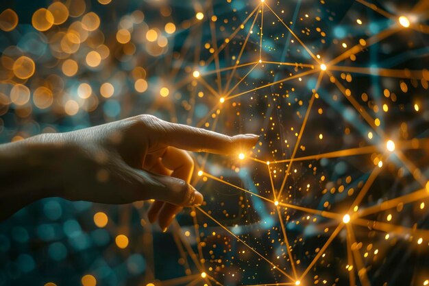 La transformación digital iluminó una mano que guía el futuro de la tecnología Blockchain y las redes interconectadas