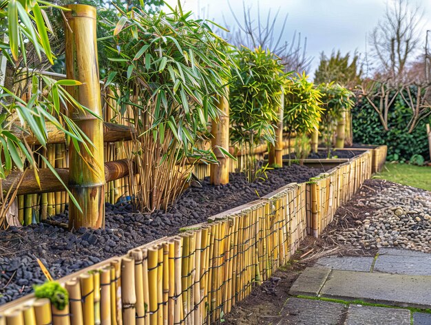 Transformación de jardín de invierno de cercas de bambú en camas elevadas de ferrocarril de madera