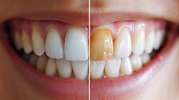 Foto la transformación de la sonrisa radiante de cerca antes y después del blanqueo dental resulta en exquisitos detalles